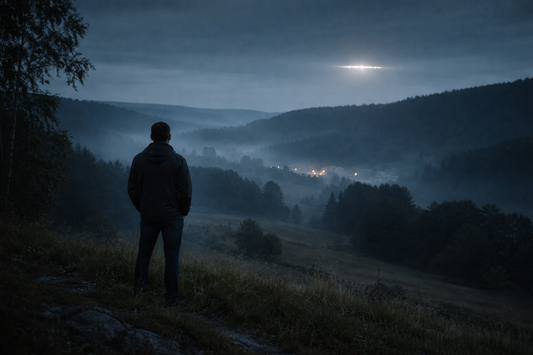 A lone man stands on a hillside overlooking a quiet town at dusk, watching a single unexplained light hovering low in the sky.