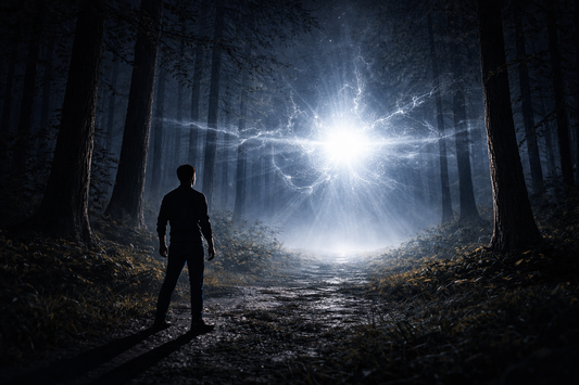 A lone figure stands in a forest at night, watching an intense unexplained light that bends the surrounding trees and casts long shadows, suggesting a moment of first contact.