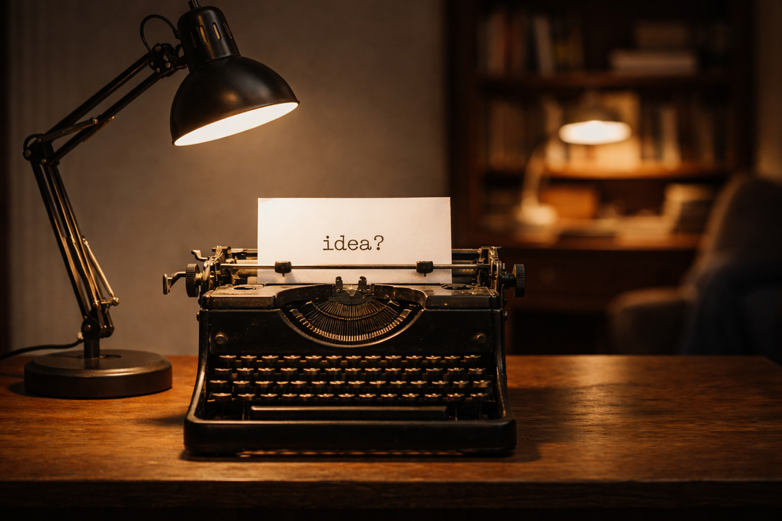 A vintage typewriter sits on a desk in a darkened study, illuminated by an anglepoise lamp, with a single sheet of paper reading “idea?”