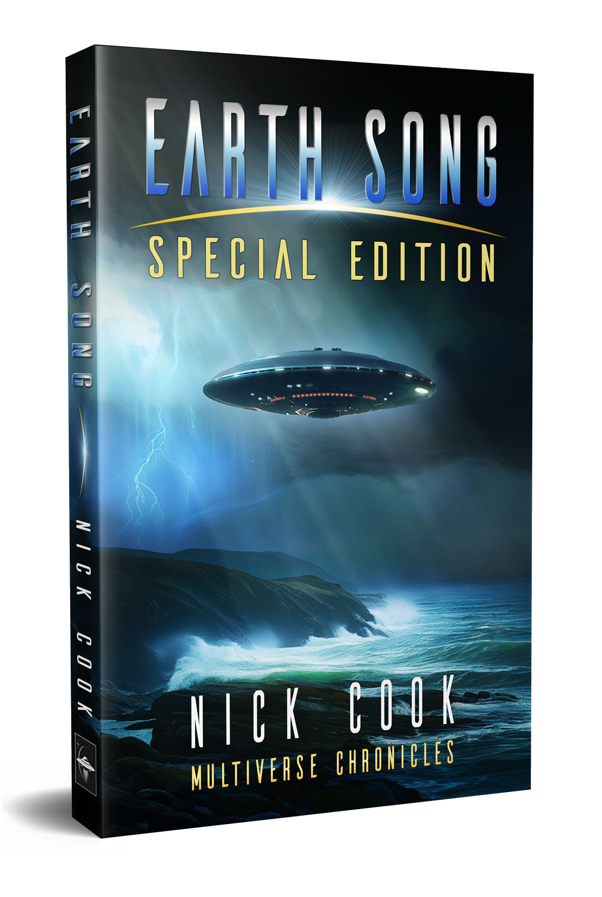 The Earth Song paperback book, the front cover depicting a UFO hovering over a storm sea crashing against the shores of the Isles of Orkney.