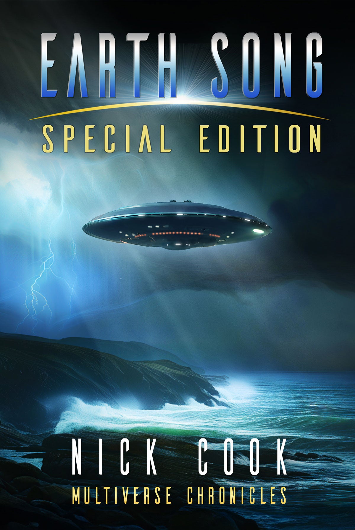 The Ebook of Earth Song, showing a UFO hovering over a storm sea crashing against the shores of the Isles of Orkney.